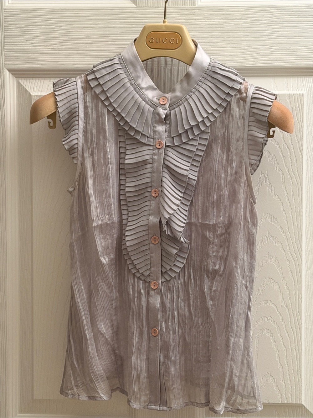 Moiselle  silk Light Gray Sleeveless Pleated Ruffle Blouse set